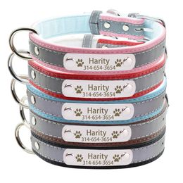 Personalized ID Name Reflective Dog Collar Custom Engraved Nameplate Leather Padded Pet Dog Collar For Small Medium Large Dogs