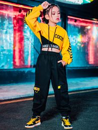 Hip Hop Costumes Long Sleeve Yellow Tops Black Pants For Girls Ballroom Jazz Dance Clothes Street Stage Performance Wear