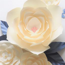 DIY Giant Paper Flowers Backdrop Artificial Handmade Ivory Paper Flower 5PCS + 7 Leaves Wedding & Party Deco Home Decoration