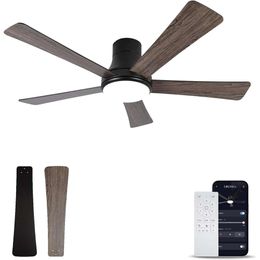 Modern 52 Inch Black Ceiling Fan with Light and Remote Control - Dimmable Reversible Motor, 3 Colors, 6 Speeds - Flush Mount for Bedroom