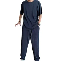 Men's Tracksuits 1 Set Top Trouseres Stylish Crew Neck Draping Outfit Ice Silk Beach Stretchy For