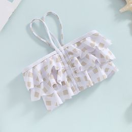 Little Girl s Summer Bikini 2 Pcs Set Plaid Print Crop Cami Tops with Ruffled Shorts Swimsuit