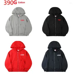 Men's Hoodies Customized Logo 390g Cotton Fabric Super Soft Velvet Casual Zippered Hoodie With Plush Hooded Cardigan