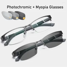 Sunglasses Pochromic Myopia Glasses Vintage Half Frame Metal Blue Light Blocking Near Sight Eyewear Classic UV Shades Diopter