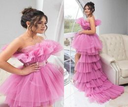 Sex Pink High Low Puffy Prom Dresses With Sash Ruched Strapless Tiered Tulle Tutu Skirts Cocktail Party Dress 2020 Cheap Evening G1640768