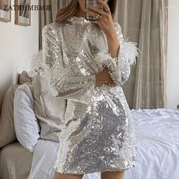 Casual Dresses ZATRHMBM Women 2024 Autumn Fashion Cuff Feathers Silver Sequin Dress Long Sleeve Sexy Backless Female Vestidos Mujer