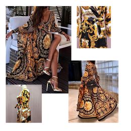 Designer Dress Women Dresses V-neck Long Sleeve Elegante Dresses Cocktail Party Summer Lond Dress Holiday Maxi Loose Sundress Floral Print Comfortable style dress