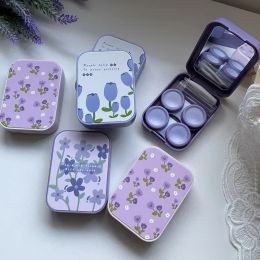 Portable Plastic Pocket Contact Lens Box Purple Flower Contact Lens Container with Tweezers Travel Accessories Storage Box Case