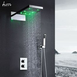 hm 22" LED Shower Set Water Saving Waterfall Showerhead Panel Thermostatic Mixer Valve Bathroom Rain Faucets System