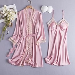 2PCS Women Bride Robe Gown Sets Sexy Lace Floral Kimono Bathrobe Summer Lingerie Sleepshirts M-XL Casual Nightwear Home Clothes