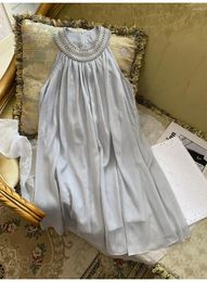 Casual Dresses 2024 Summer Hanging Neck French Silver Holiday Style Texture Chiffon Heavy Industry Beaded Diamond Doll Dress