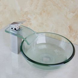 Monite Round Painting Bathroom Art Washbasin Tempered Clear Glass Vessel Sink With Waterfall Glass Brass LED Faucet Set