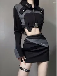 Casual Dresses 2024 Autumn Black 2 Piece Dress Set Women Y2k Crop Tops Mini Skrits Korean Fashion Suits Bodycon Elegant Chic Blouse
