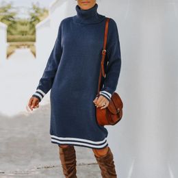 Casual Dresses Turtleneck Sweater Dress Women 2024 Autumn Stripe Splice Knitted Knee-length Winter Thicken Long Sleeve High Quality