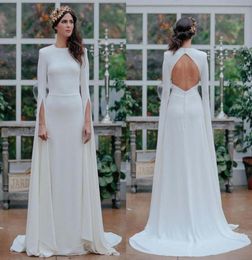 Long Sleeve Satin Wedding Dresses Scoop full length greek goddess Open Back A Line Outdoor Garden Wedding Bridal Gowns5820221