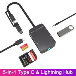 Hubs 5 in 1 Lightning Hub Splitter For iPhone 14 13 12 Laptop Type C Multiport Hub USB C Docking Station Hub Otg Adapter Splitter