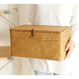 Handmade Seagrass Woven Storage Box Seaweed Finishing Basket with Lid Sundry Bath Cosmetic Towel Container mx01161829 240409