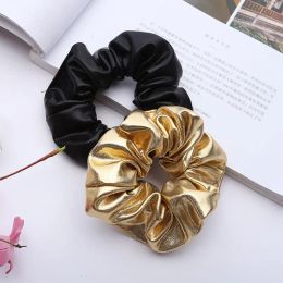 10cm Women Girls Wide Elastic Rubber Band Glitter Gold/Back Faux Leather Hair Rope Ruched Dancing Ponytail Holder Party Scrunchi