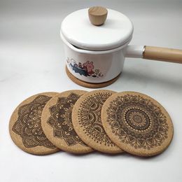 1set Nordic Mandala Pattern Round Cork Coasters With Holder Stand Rack Wooden Drinks Absorbent Mat Glass Cup Mug Pad Decor