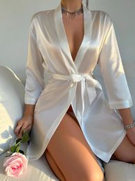 Solid Satin Night Robe Long Sleeve V Neck With Belt Womens Sleepwear 240410