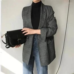Women's Suits 2024 Women Winter Plaid Blazers Coats Korean Fashion Elegant Solid Thick Jacket Female Double Breasted Office Lady Long
