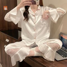 Sexy Patchwork Hollow Out Lace Sleepwear New Women Pyjamas Long Sleeve Trouser Pijamas Suit Retro Court Style Satin Home Wear