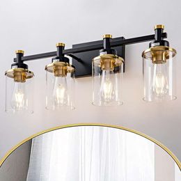 モダンなブラシ付きゴールドバスルームバニティライトブラックアンドゴールドバスルームの照明器具は、透明なガラス色の壁照明を帯びる