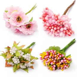 6/10/12/50/60/70/90/144/288pcs Mixed Pink Flower Cherry Stamen Berries Bundle DIY Christmas Wedding Cake Gift Box Wreaths Decor