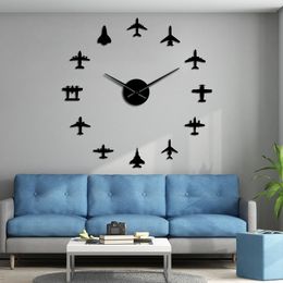 Flying Plane Fighter Jet Large Wall Clock DIY 3D Acrylic Mirror Effect Sticker Aeroplane Silent Watch Aviator Home Decor