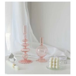 1pc Clear Glass Pink Candle Holder Pillar or Taper Candlesticks Holder Wedding Table Centerpieces Nordic Home Decor