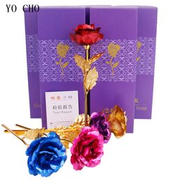 YO CHO Artificial Colour 24K Rose Valentine Day Gift Box 24K Gold Plated Golden Rose Flowers Holiday Present Wedding Party Decor