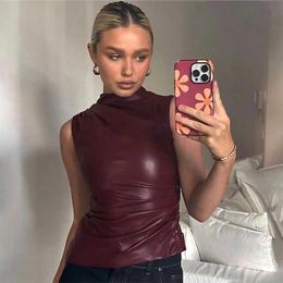 Women's Tanks Camis Gtpdpllt PU leather can top fashionable asymmetrical pleated sleeveless shirt winter sexy womens T-shirt Y2K clothing J240409