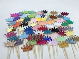 40 Pieces/Lot Multi-style Handmade crown Pink blue Heart Cupcake Toppers Cake Party Supplies Birthday Wedding Party Decoration