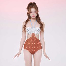Bikini sexy spicy girl outfit French swimsuit ins one-piece color blocking polka dot belly covering biki SGWT