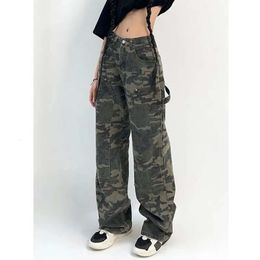 Mexzt tarnung Cargohose Frauen Y2K Streetwear Low -Rise -Jeans Retro Weitbein Denim Straighthose Haruku