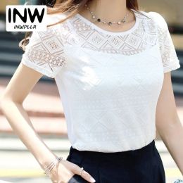 Dresses Women Lace Blouse Femme Tops Chiffon Shirt Summer 2019 White Short Sleeve Blusa Feminina Hollow Women Top Shirt Blouse Plus Size