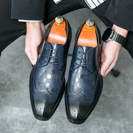 Chequered Leather Shoes for Men Business Attire Block Carved British Men Leather Shoes in Large Size