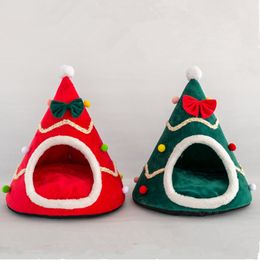 Cat House Short Plush Pet Bed Winter Warm Christmas Hat Shape Kennel Soft Comfortable Tent For Small Dogs Chihuahua Kitten Nest