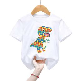 T-shirts Autism Awareness T-Shirts Childrens Short Sleeve Clothing Animal Color Mosaic Dinosaurs Tops Boys Girls Casual Fashion T-Shirts 240410