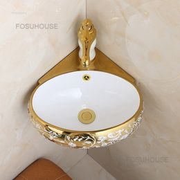 Ceramic Balcony Wall Mounted Bathroom Sinks European Bedroom Triangle Washing Sink Light Luxury Small Family Corner Wash Basin