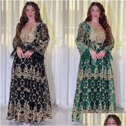 Ethnic Clothing Arabian Dubai Women Robe Gold Embroidered Gorgeous Jalabiya Middle Eastern Abaya Muslim Evening Dress Elegant Party Dhque