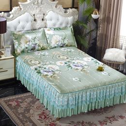 1pc Bed Skirt +2pcs Pillowcases New Arrival Summer Ice Silk Bed Skirt King Queen Size Soft and Cool Bedspread