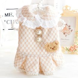 Thick Dogs Clothes Winter Princess Style Warm Cotton Padded Pet Skirt Fragrant Wind Pearl Decoration Small Size Dog Dresses 240402
