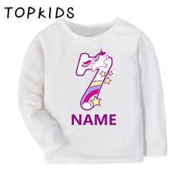 Cute Magic Unicorn Girls T-shirts 1 2 3 4 5 6 7 8 9 Years Birthday Customize Name Long Sleeve Kids T shirt Children Clothes Gift