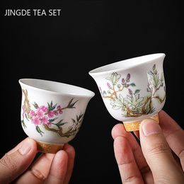 Chinese White Porcelain Teacup Coffee Cup Hand Painted Flowers Ceramic Tea Bowl Handmade Tea Set Accessories Master Cup 70ml