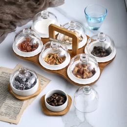 Creative Ceramic Snack Plate Fruit Platter Glass Cover Dessert Bowl Dried Fruit Plate Modern Living Room Snack Storage Plate