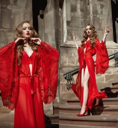 Red Bridal Sleepwear Women039s Robe Gown Sets Lace Bathrobe Night Dress Sexy Illusion Womens Designer Pyjamas Femme Lingerie5363247