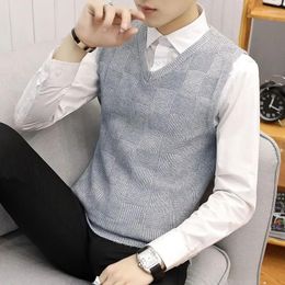 Men's Vests Knit Sweater Male Solid Color Plain Clothing Vest Sleeveless Waistcoat Plaid White Loose Fit Order Elegant Casual A