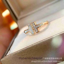 Top grade Designer rings for womens Tifancy High version 925 Sterling Silver Rose Gold Diamond Double T Open Ring T Letter White Fritillaria Ring Fashion Original 1:1
