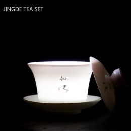 Suet jade Ceramic Gaiwan Teacup Handmade white porcelain Tea tureen Bowl Chinese Porcelain Teaware Accessories Drinkware